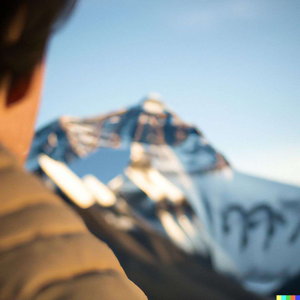 someone gazing at Mount Everest, photograph, f1.4, very shallow depth of field